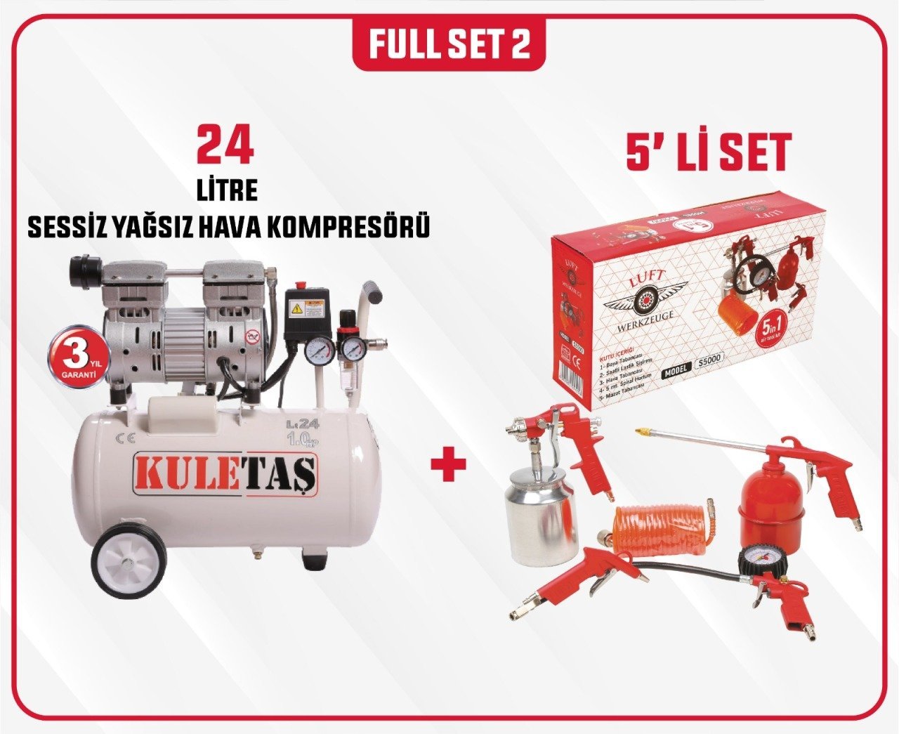 Full SET 2 Kuletaş Süper Sessiz Yağsız Hava Kompresörü 24 Litre 1 HP 3 Yıl GARANTİ