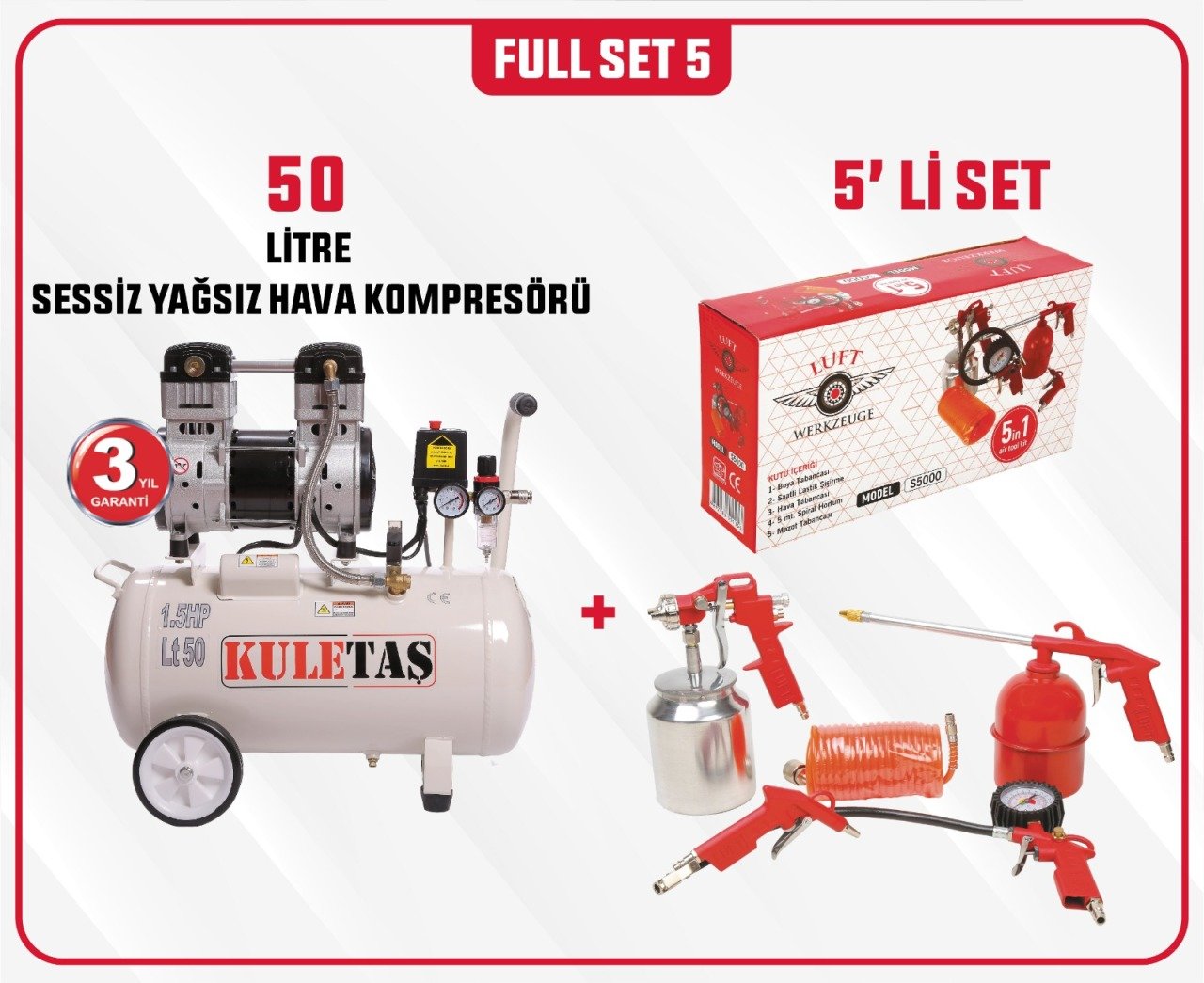 Full Set 5 Kuletaş Süper Sessiz Yağsız Hava Kompresörü 50 Litre 1,5 HP 3 Yıl GARANTİ