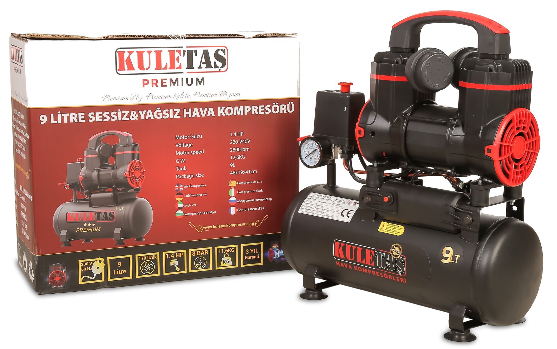 Kuletaş Premium 9 Litre Sessiz Yağsız Hava Kompresörü 1,2 Hp (İtalyan Tasarım)