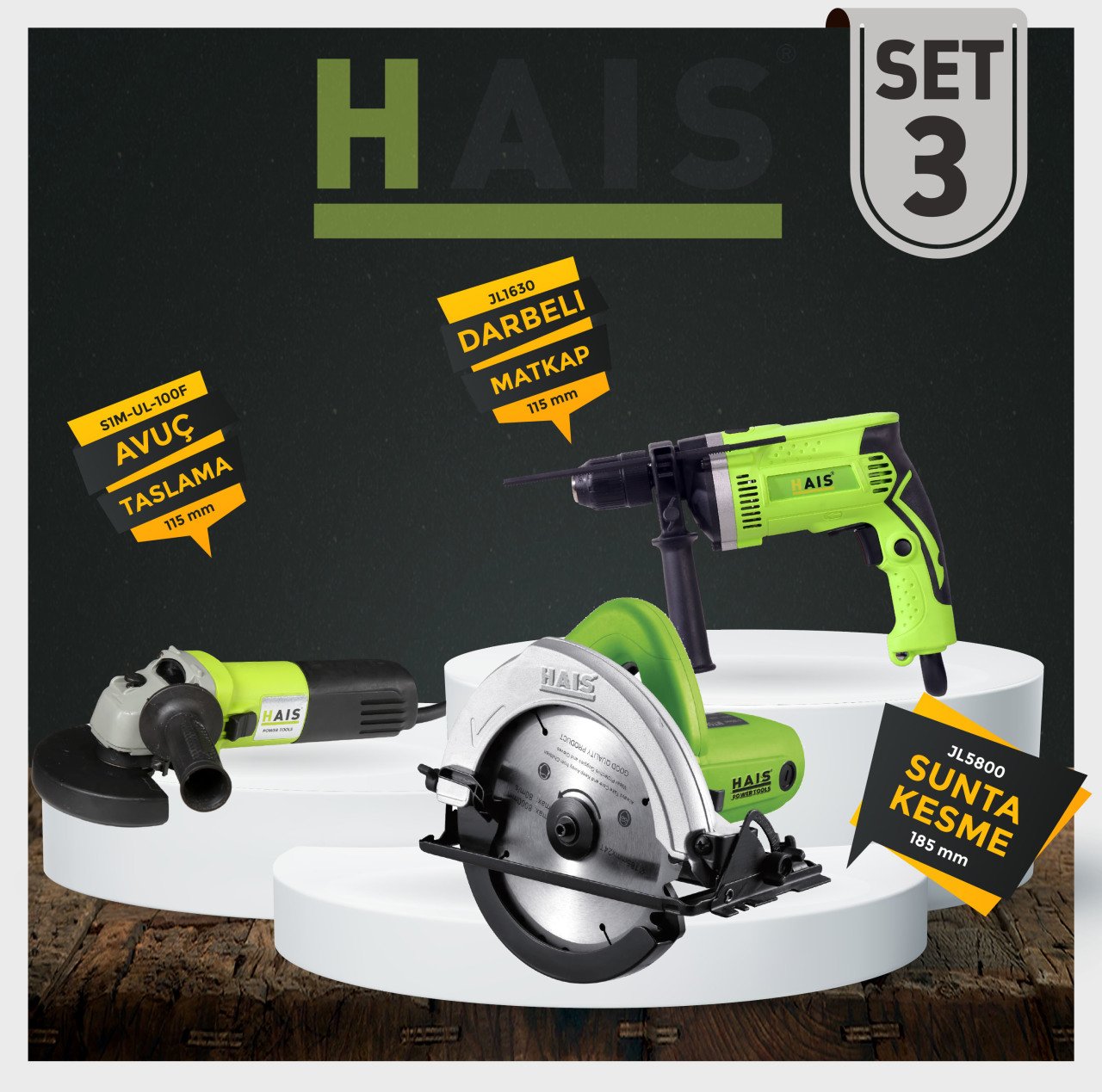 HAIS Sunta Kesme, Avuç Taşlama ve Darbeli Matkap Seti (SET 3)